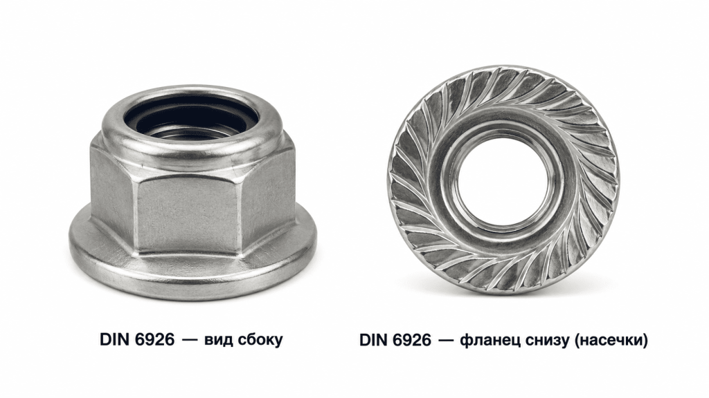DIN 6926 фланец с насечками вид снизу перевёрнутая гайка
